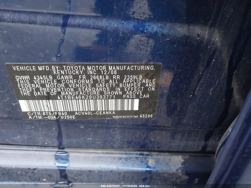4T1BE46K29U393771 2009 TOYOTA CAMRY photo no. 9