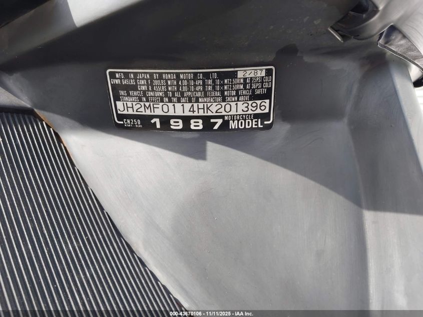 1987 Honda Ch250 VIN: JH2MF0114HK201396 Lot: 43670106