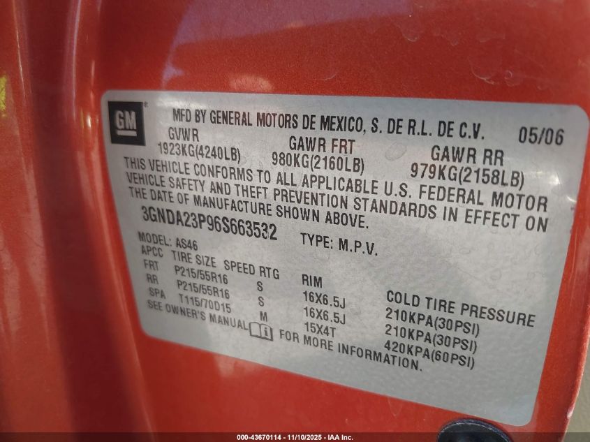 2006 Chevrolet Hhr Lt VIN: 3GNDA23P96S663532 Lot: 43670114