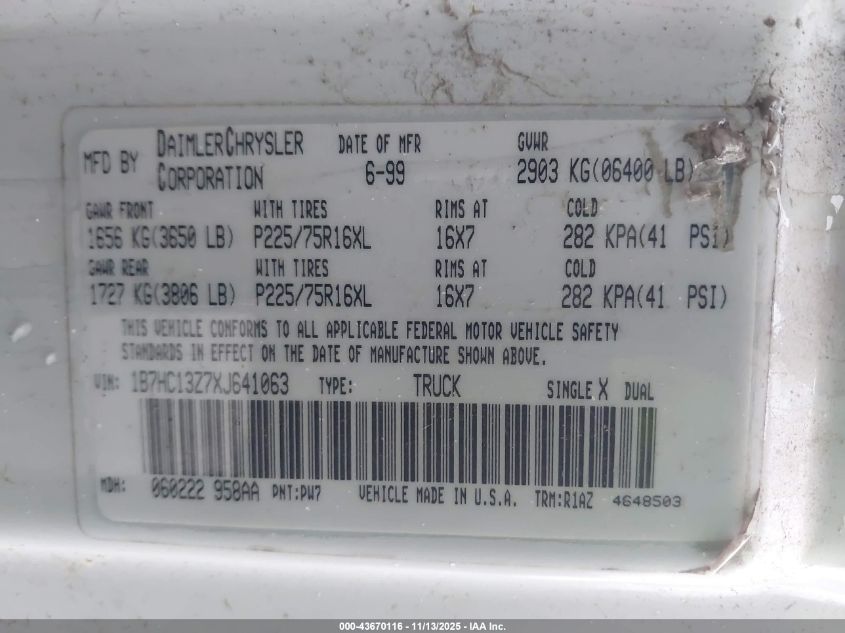 1999 Dodge Ram 1500 St VIN: 1B7HC13Z7XJ641063 Lot: 43670116