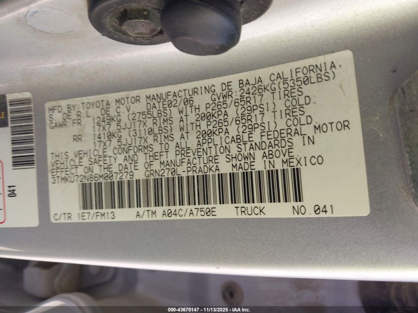 2006 Toyota Tacoma Prerunner V6 VIN: 3TMKU72N86M007279 Lot: 43670147