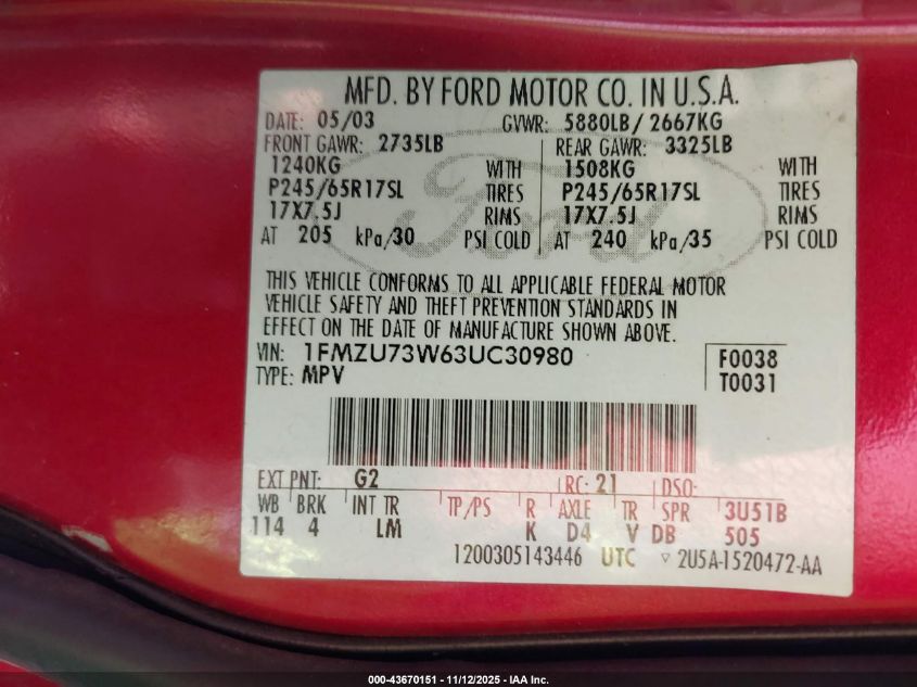 2003 Ford Explorer Nbx/Xlt VIN: 1FMZU73W63UC30980 Lot: 43670151