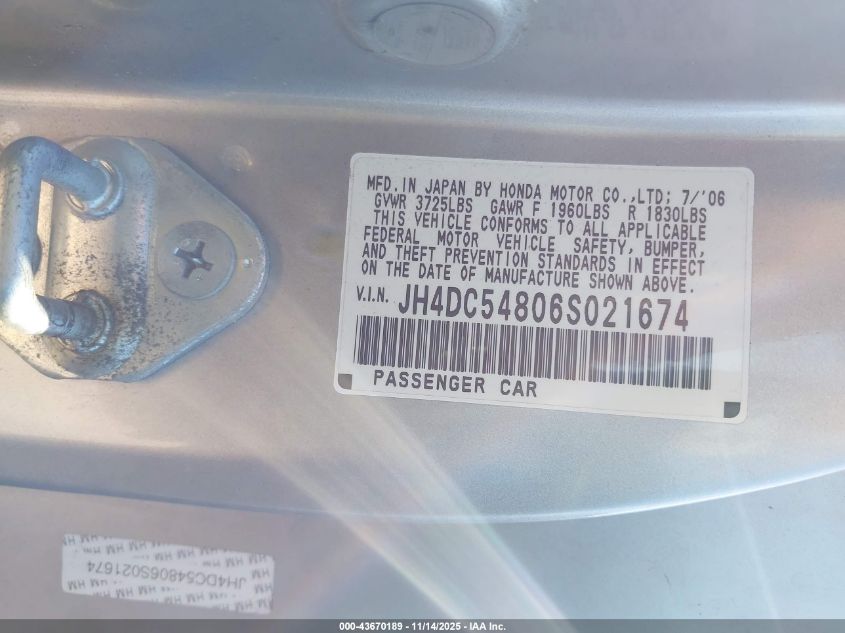 2006 Acura Rsx VIN: JH4DC54806S021674 Lot: 43670189