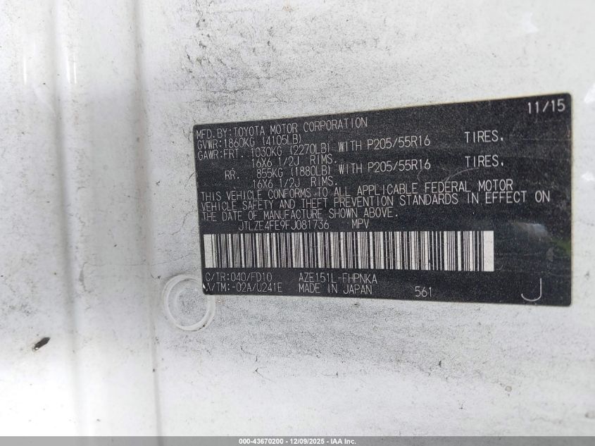 2015 Scion Xb VIN: JTLZE4FE9FJ081736 Lot: 43670200