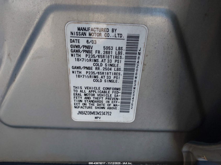 2003 Nissan Murano Sl VIN: JN8AZ08W83W234752 Lot: 43670217