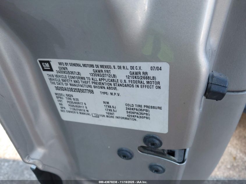 2005 Buick Rendezvous Cx VIN: 3G5DA03E25S507768 Lot: 43670238