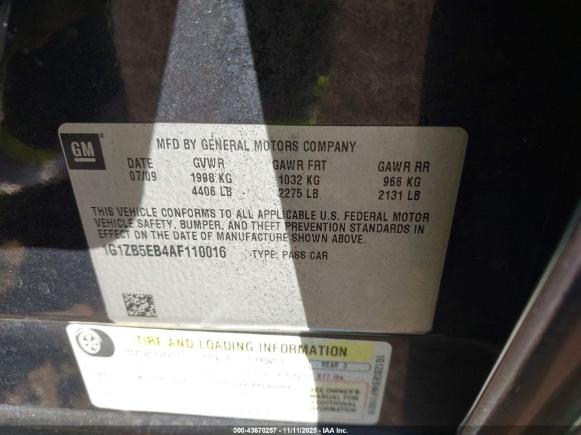 2010 Chevrolet Malibu Ls VIN: 1G1ZB5EB4AF110016 Lot: 43670257