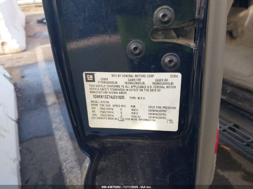 2004 Chevrolet Tahoe Lt VIN: 1GNEK13Z74J231825 Lot: 43670262