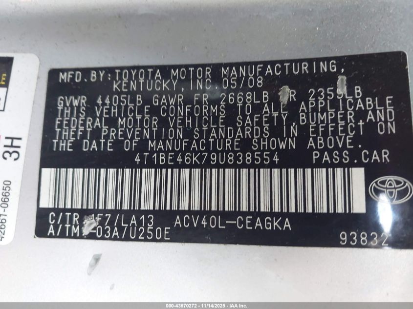 2009 Toyota Camry Xle VIN: 4T1BE46K79U838554 Lot: 43670272