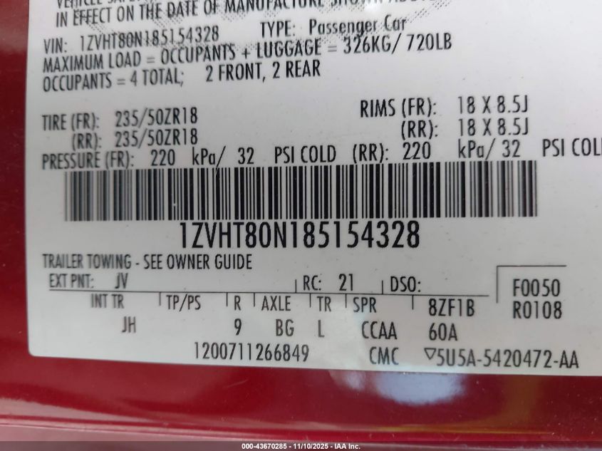 2008 Ford Mustang V6 Deluxe/V6 Premium VIN: 1ZVHT80N185154328 Lot: 43670285