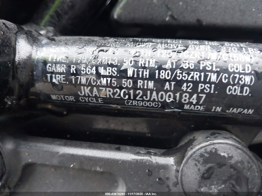 2018 Kawasaki Zr900 R VIN: JKAZR2C12JA001847 Lot: 43670293