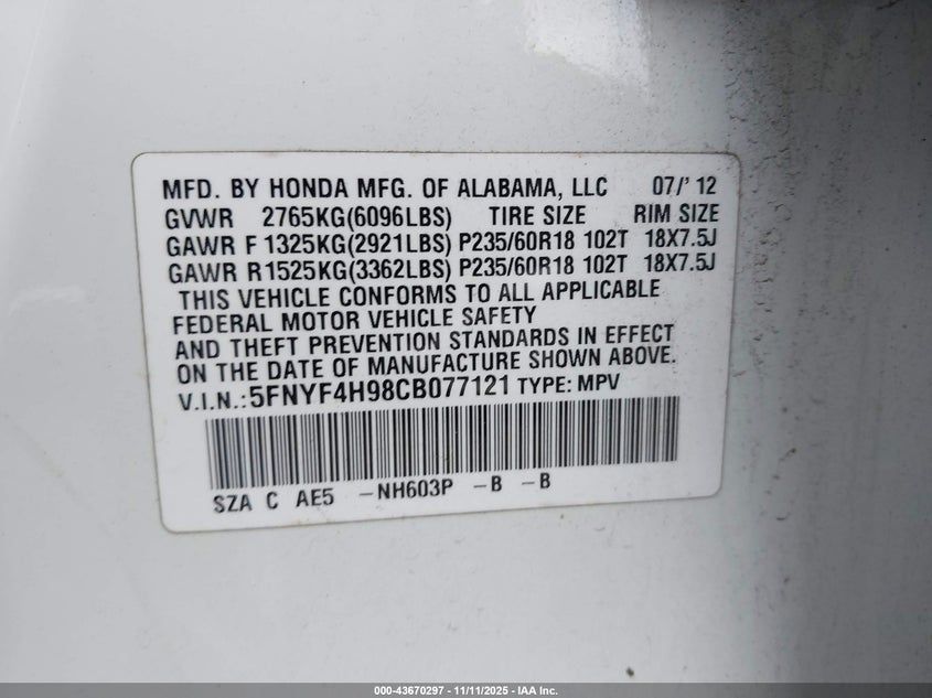 5FNYF4H98CB077121 2012 HONDA PILOT photo no. 9