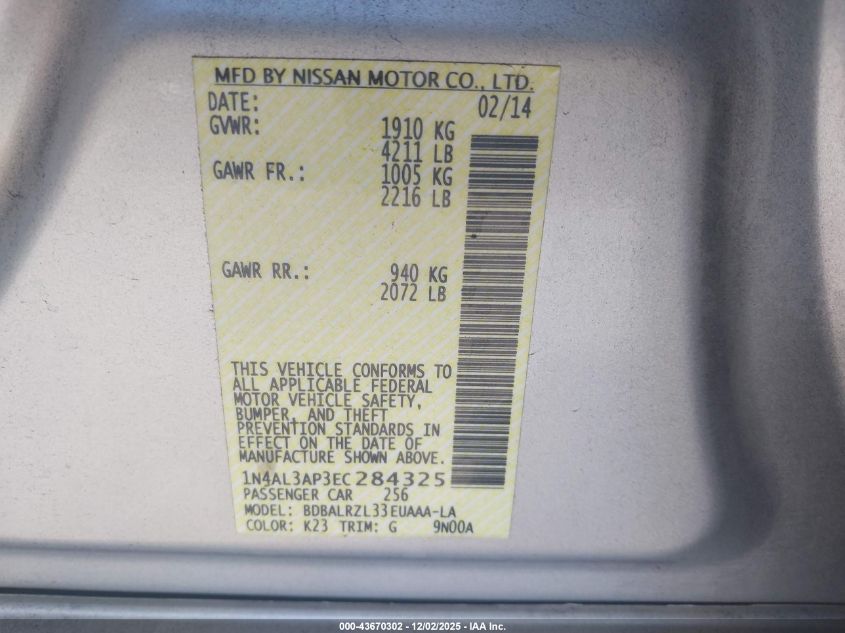 2014 Nissan Altima 2.5 S VIN: 1N4AL3AP3EC284325 Lot: 43670302