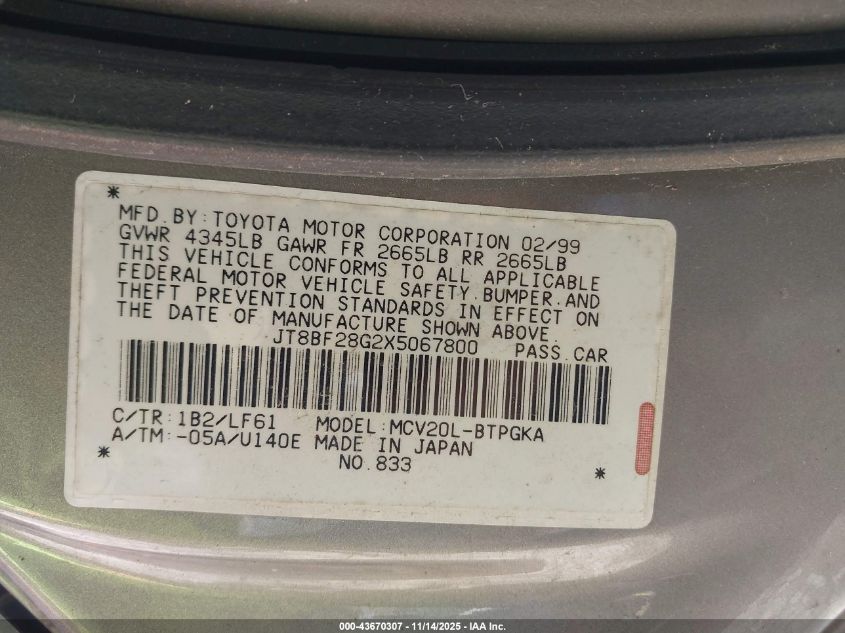 1999 Lexus Es 300 VIN: JT8BF28G2X5067800 Lot: 43670307