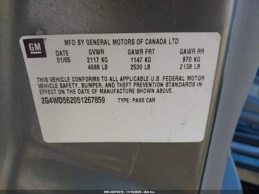 2G4WD562051267859 2005 BUICK LACROSSE photo no. 9
