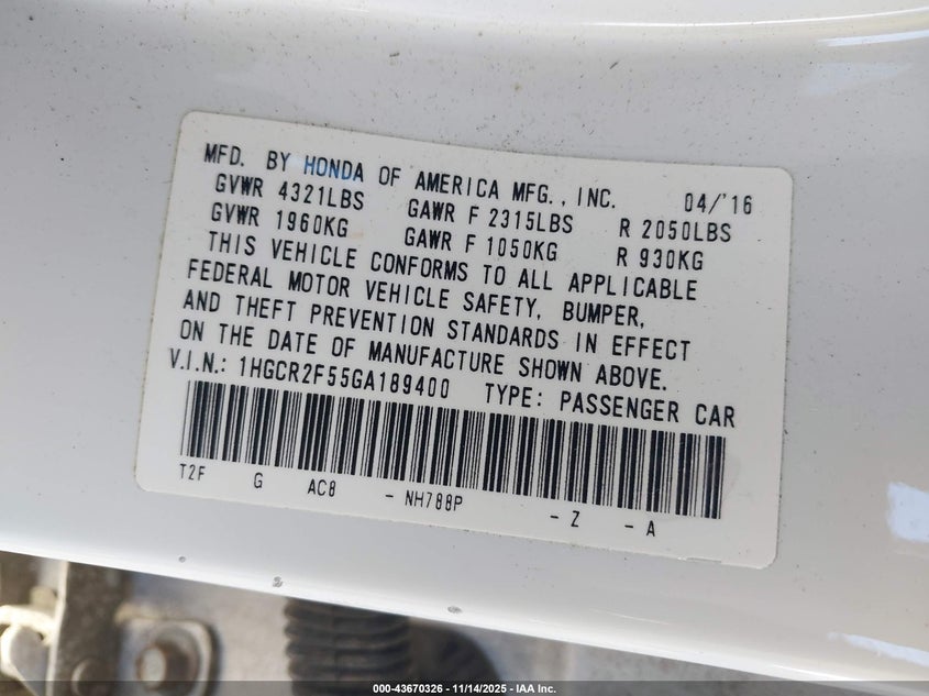 1HGCR2F55GA189400 2016 HONDA ACCORD photo no. 9