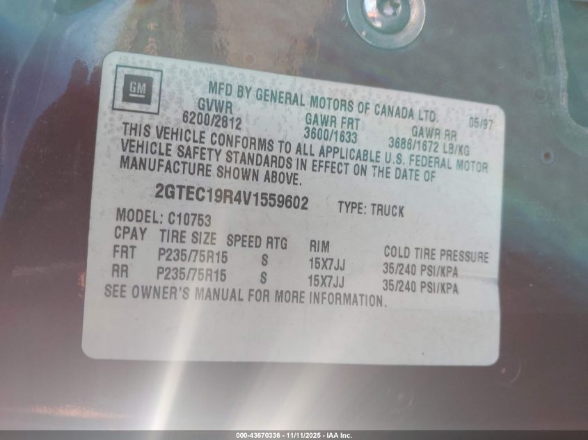 1997 GMC Sierra 1500 Sl Wideside VIN: 2GTEC19R4V1559602 Lot: 43670336