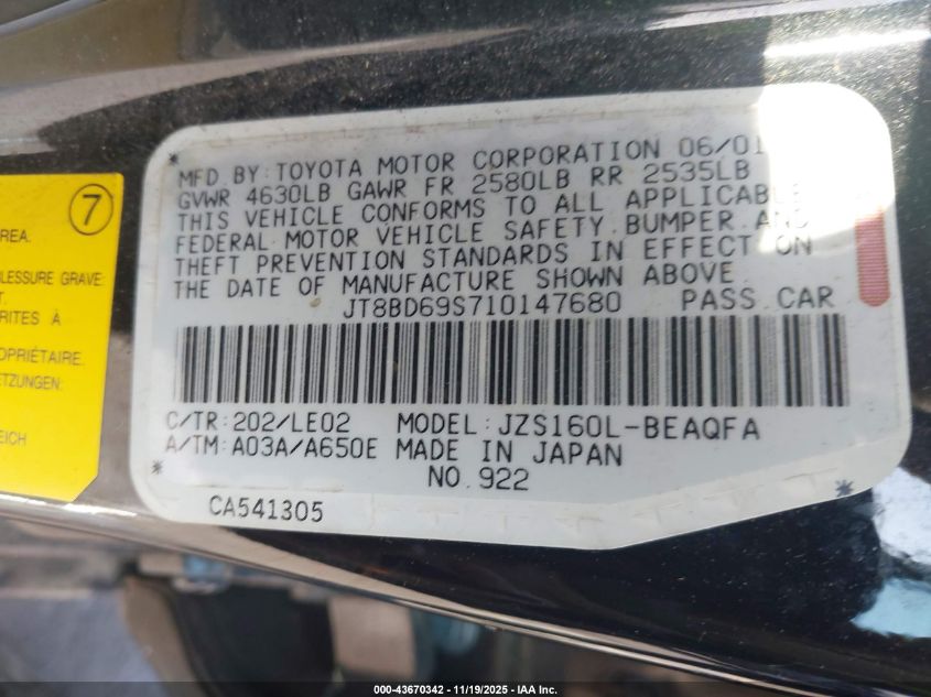 2001 Lexus Gs 300 VIN: JT8BD69S710147680 Lot: 43670342