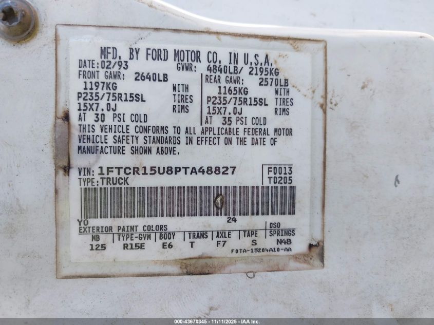 1993 Ford Ranger Super Cab VIN: 1FTCR15U8PTA48827 Lot: 43670345