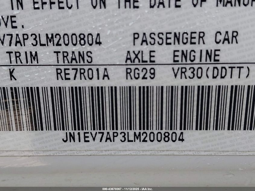 2020 Infiniti Q50 Luxe VIN: JN1EV7AP3LM200804 Lot: 43670367