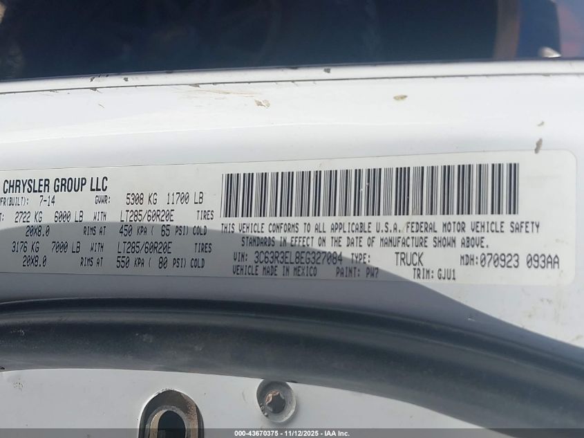 2014 Ram 3500 Laramie VIN: 3C63R3EL8EG327084 Lot: 43670375