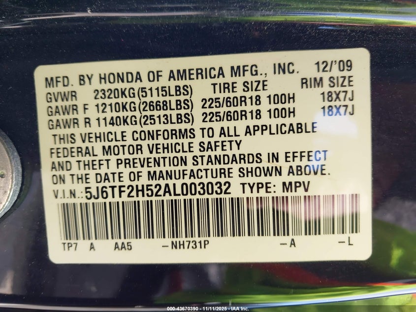 5J6TF2H52AL003032 2010 HONDA ACCORD photo no. 9