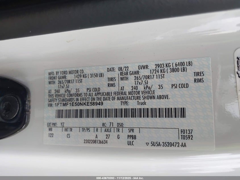 1FTMF1E50NKE58949 2022 FORD F-150 photo no. 9