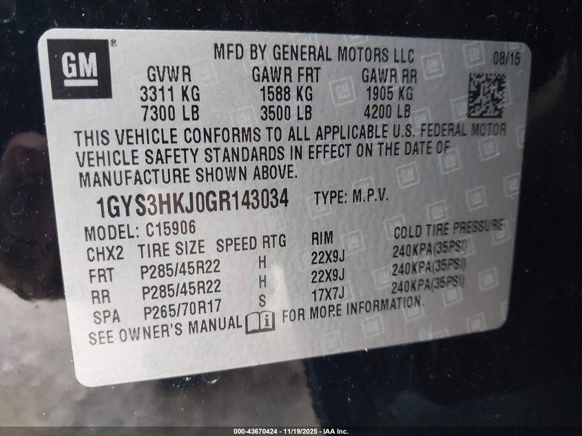 2016 Cadillac Escalade Esv Luxury Collection VIN: 1GYS3HKJ0GR143034 Lot: 43670424