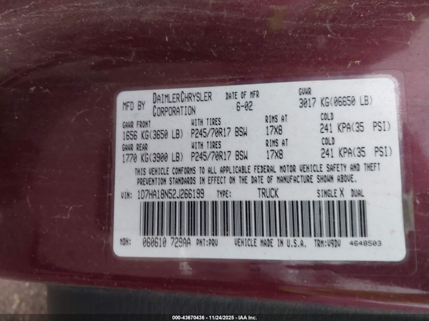 2002 Dodge Ram 1500 St VIN: 1D7HA18N52J266199 Lot: 43670436