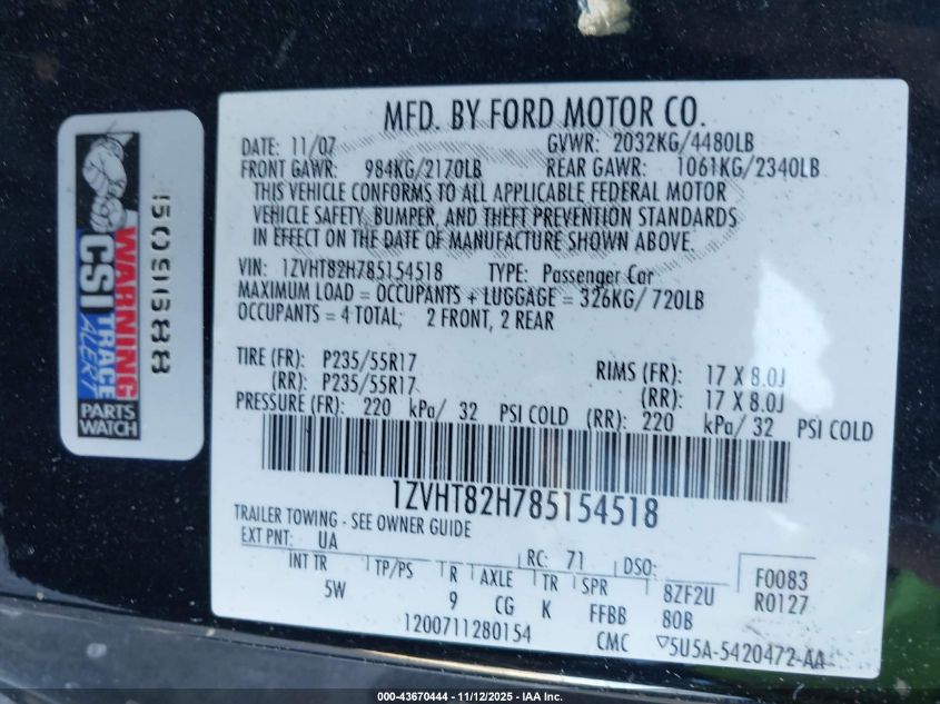 2008 Ford Mustang VIN: 1ZVHT82H785154518 Lot: 43670444