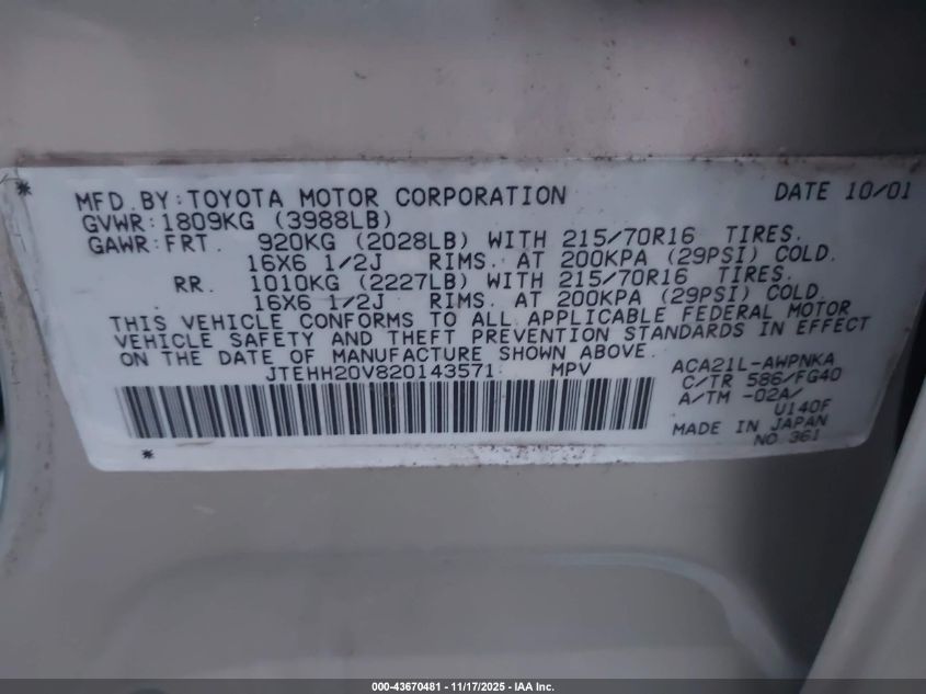 2002 Toyota Rav4 VIN: JTEHH20V820143571 Lot: 43670481