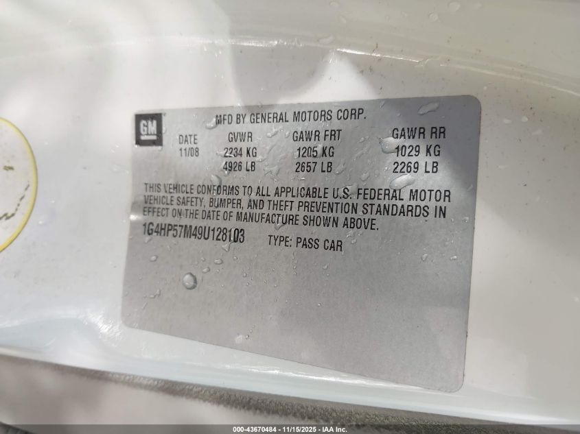 2009 Buick Lucerne Cx-2 VIN: 1G4HP57M49U128103 Lot: 43670484