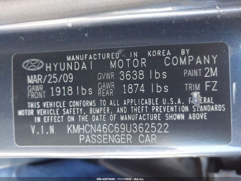 2009 Hyundai Accent Gls VIN: KMHCN46C69U362522 Lot: 43670488