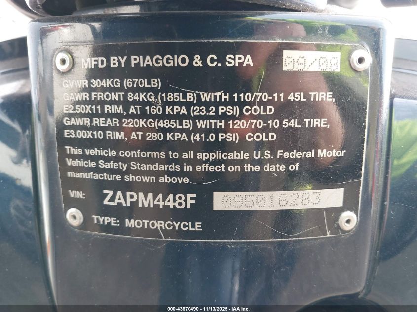 2009 Vespa Lx 150 VIN: ZAPM448F095016283 Lot: 43670490