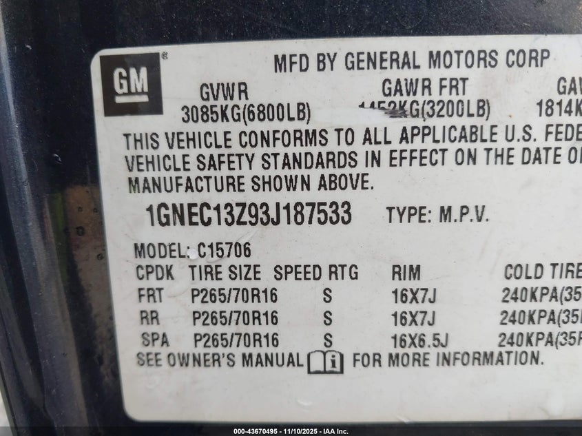 1GNEC13Z93J187533 2003 CHEVROLET TAHOE photo no. 9