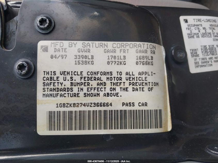 1997 Saturn Sw Sw2 VIN: 1G8ZK8274VZ366664 Lot: 43670496