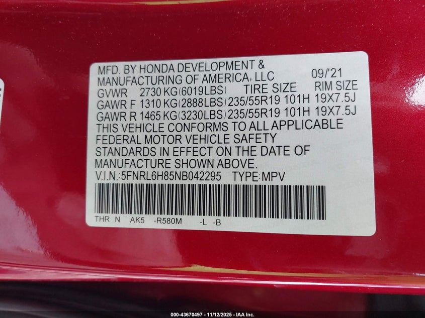 2022 HONDA ODYSSEY TOURING 5FNRL6H85NB042295