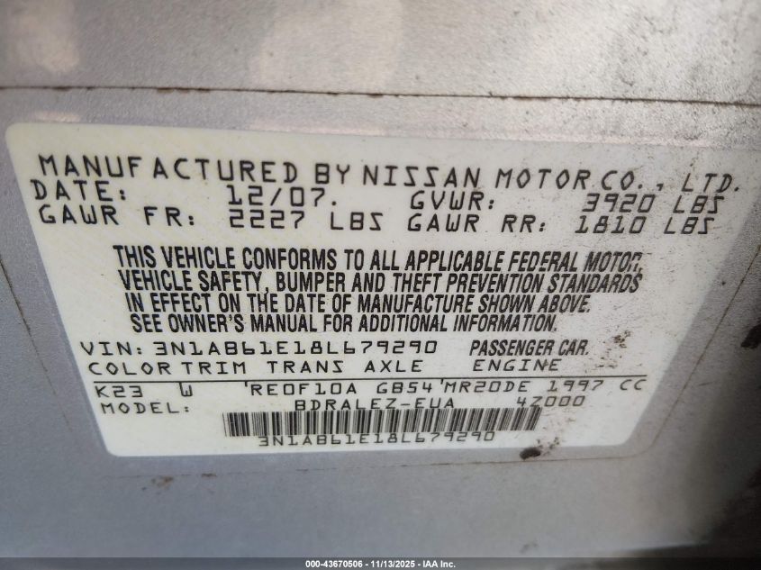 2008 Nissan Sentra 2.0S VIN: 3N1AB61E18L679290 Lot: 43670506