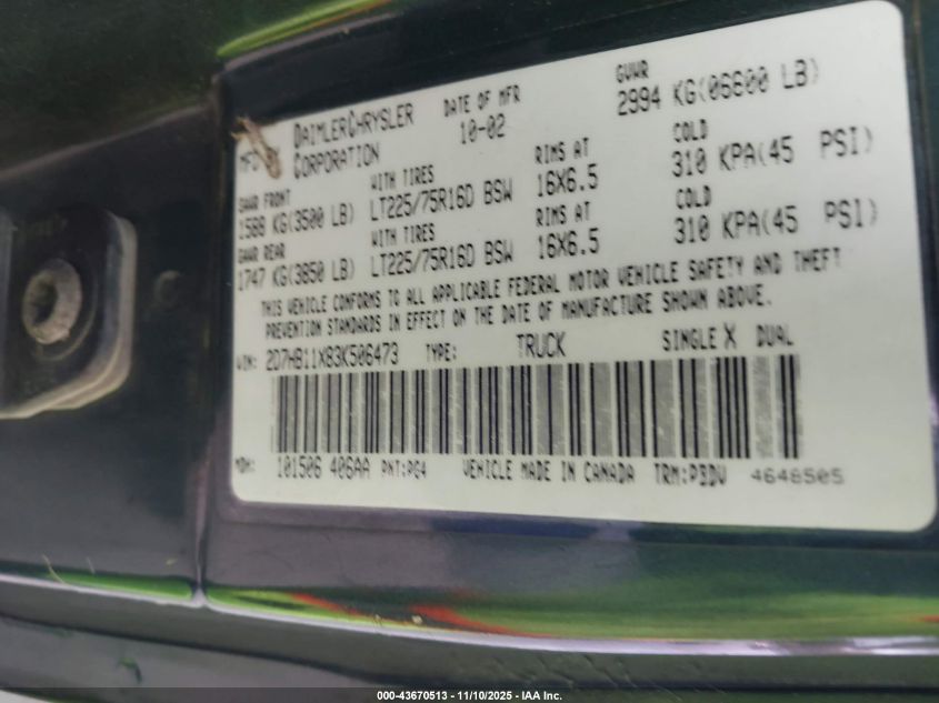 2003 Dodge Ram Van 1500 Conversion VIN: 2D7HB11X83K506473 Lot: 43670513