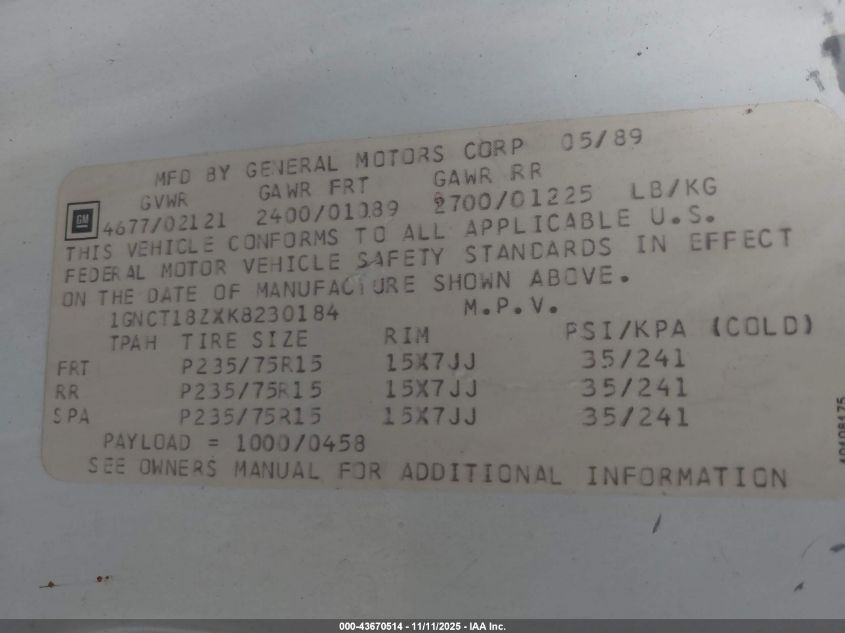 1989 Chevrolet Blazer S10 VIN: 1GNCT18ZXK8230184 Lot: 43670514