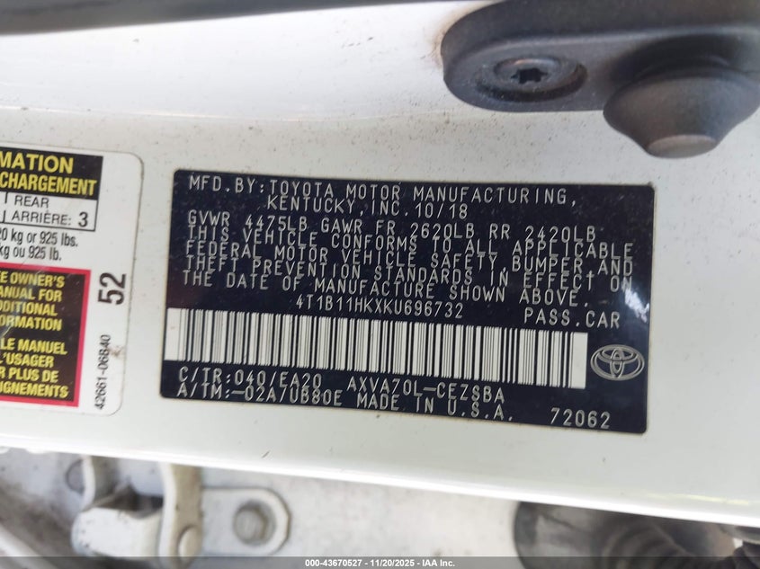 4T1B11HKXKU696732 2019 TOYOTA CAMRY photo no. 9