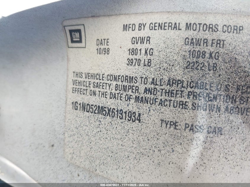 1G1ND52M5X6131934 1999 CHEVROLET MALIBU photo no. 9