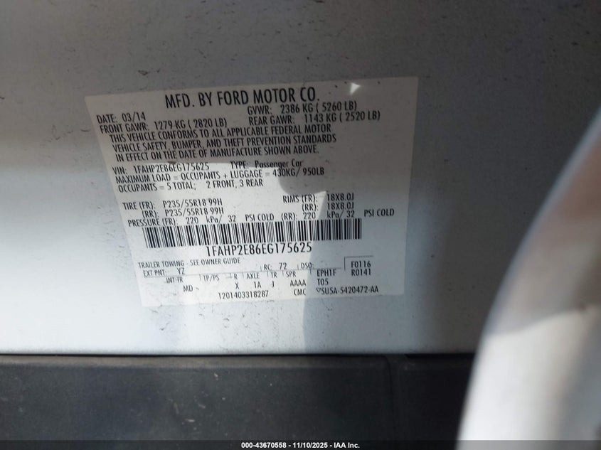 1FAHP2E86EG175625 2014 FORD TAURUS photo no. 9