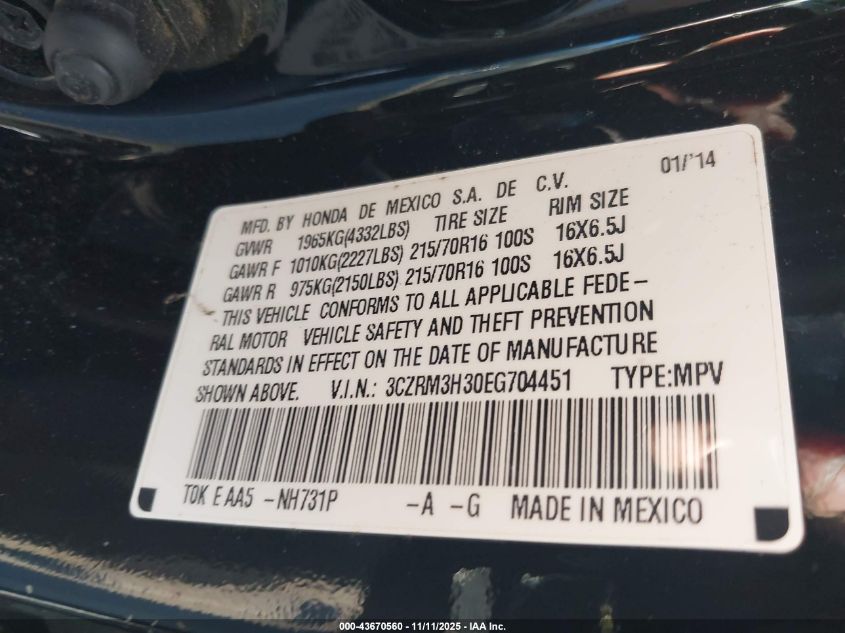 2014 Honda Cr-V Lx VIN: 3CZRM3H30EG704451 Lot: 43670560