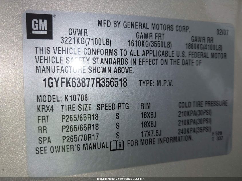 2007 Chevrolet Suburban 1500 Lt VIN: 1GNFC16J07R356517 Lot: 43670569