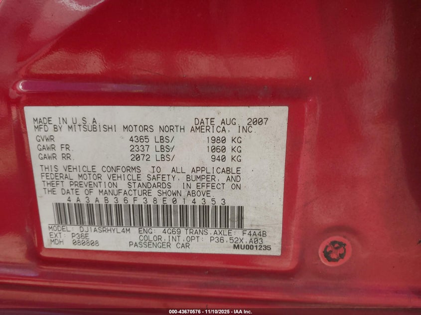 2008 Mitsubishi Galant Es VIN: 4A3AB36F38E014353 Lot: 43670576