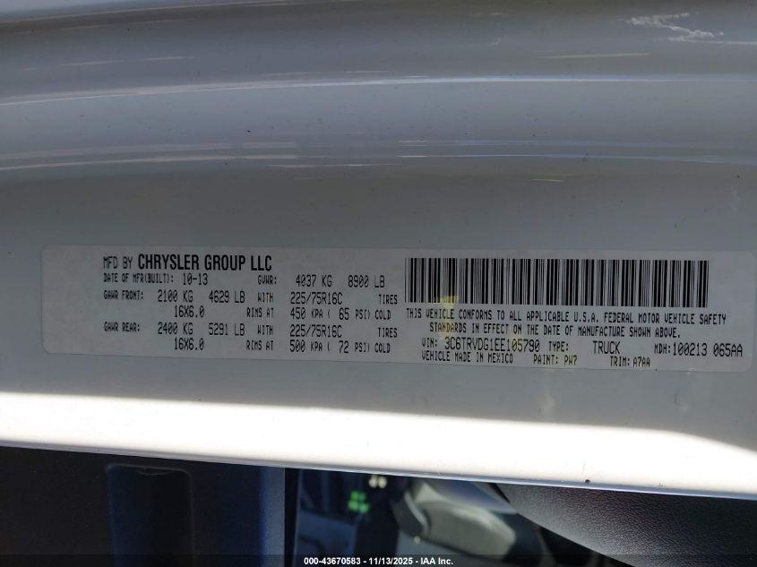 2014 Ram Promaster 2500 High Roof VIN: 3C6TRVDG1EE105790 Lot: 43670583