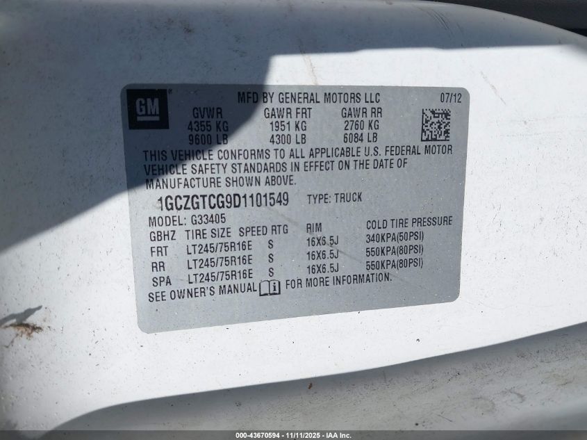 2013 Chevrolet Express Work Van VIN: 1GCZGTCG9D1101549 Lot: 43670594