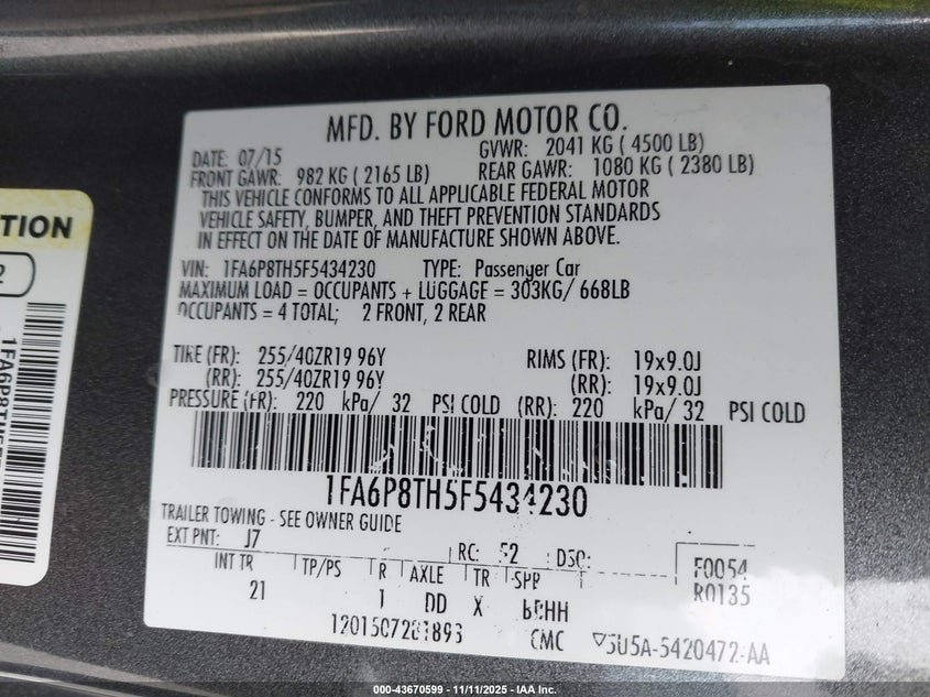 1FA6P8TH5F5434230 2015 FORD MUSTANG photo no. 9