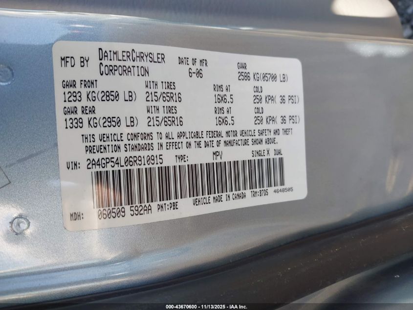 2006 Chrysler Town & Country Touring VIN: 2A4GP54L06R910915 Lot: 43670600